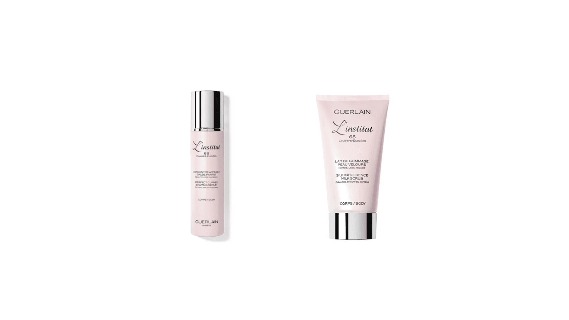 Guerlain L\'institut shaping serum and silk indulgence milk scrub displayed on clean white background at Hotel X Toronto