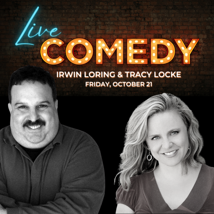 Live Comedy Irwin Loring & Tracy Locke Friday, October 21 at ICONA Avalon 2 smiling comedians in black and white