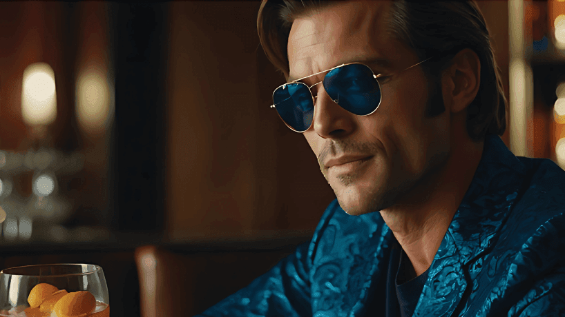 Stylish individual in a blue embroidered jacket sitting at a bar with a cocktail glass at Paramount Hotel Dubai
