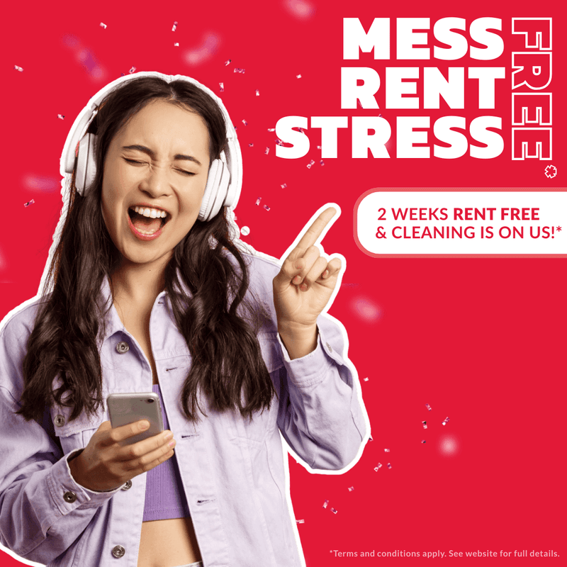 Woman with headphones and smartphone celebrating on red background with mess rent free stress text.