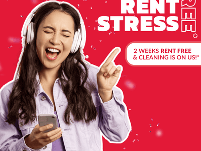 Woman with headphones and smartphone celebrating on red background with mess rent free stress text.