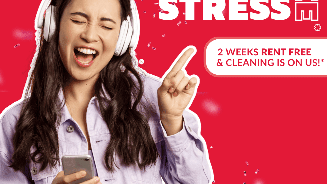 Woman with headphones and smartphone celebrating on red background with mess rent free stress text.
