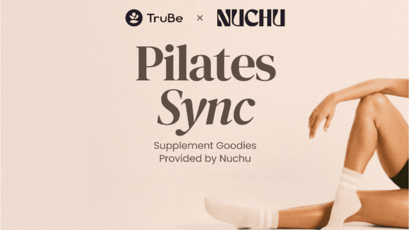 A person relaxing after Pilates Sync, with text describing the partnership with TruBe and Nuchu.