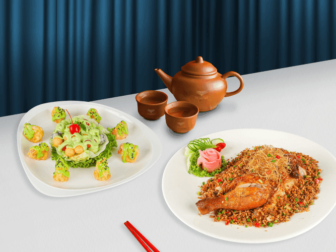 Deep-fried Country Chicken and Stir-fried Prawns with Wasabi Dressing
