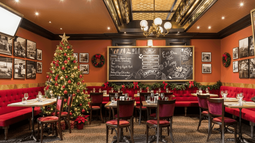 Feestelijk versierd restaurant met kerstboom, rode banken en gedekte tafels bij Warwick Brussels Grand-Place in Brussel