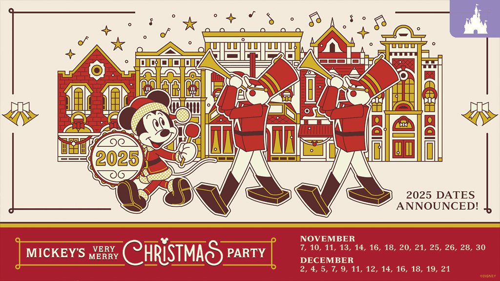 Mickey's Very Merry Christmas Party graphic, including Mickey in a Santa costume leading toy soldiers in a parade.
