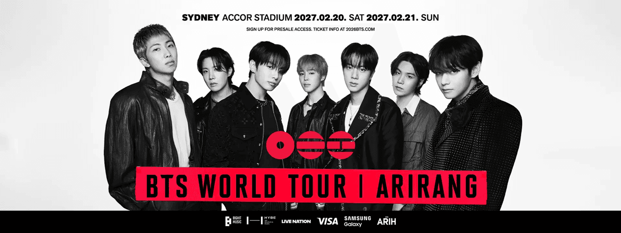 BTS World Tour 'ARIRANG' 2027 poster with band members and event details.