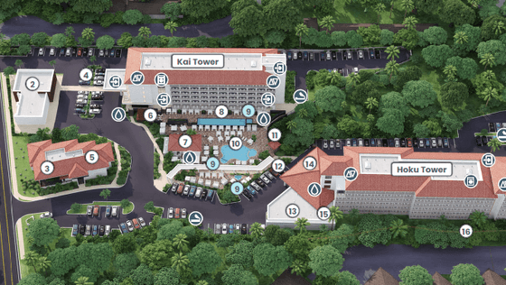 Maui Coast Property Map showcasing the two towers, multiple pools, and the beach used at Maui Coast Hotel