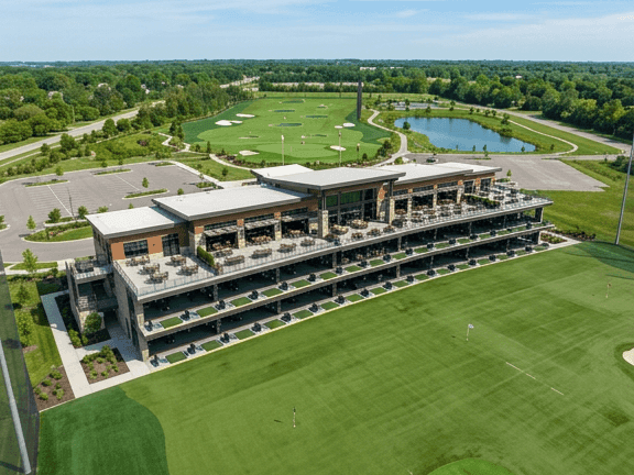 Aerial view of a golf practice facility with tiered bays, putting greens, and a large pond near Star Suites Vero Beach