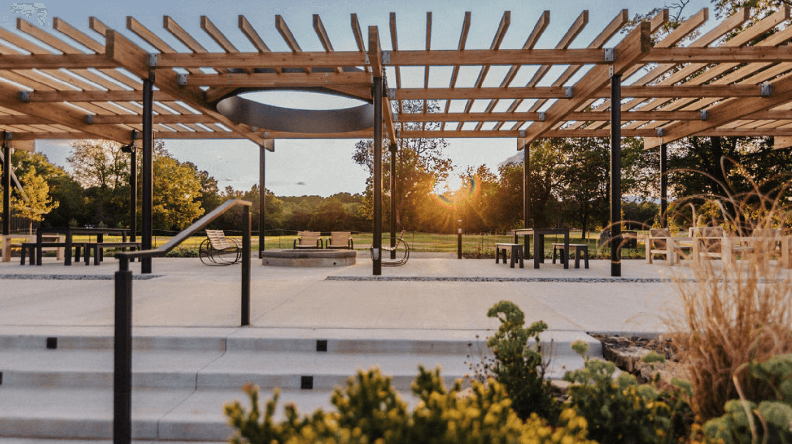 The outdoor lounge area at stonebreaker hotel at sunset