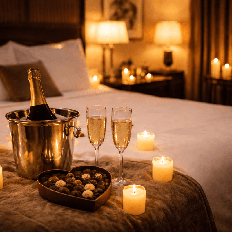 Image featuring candlelit decorated room, chocolates, and sparkling wine