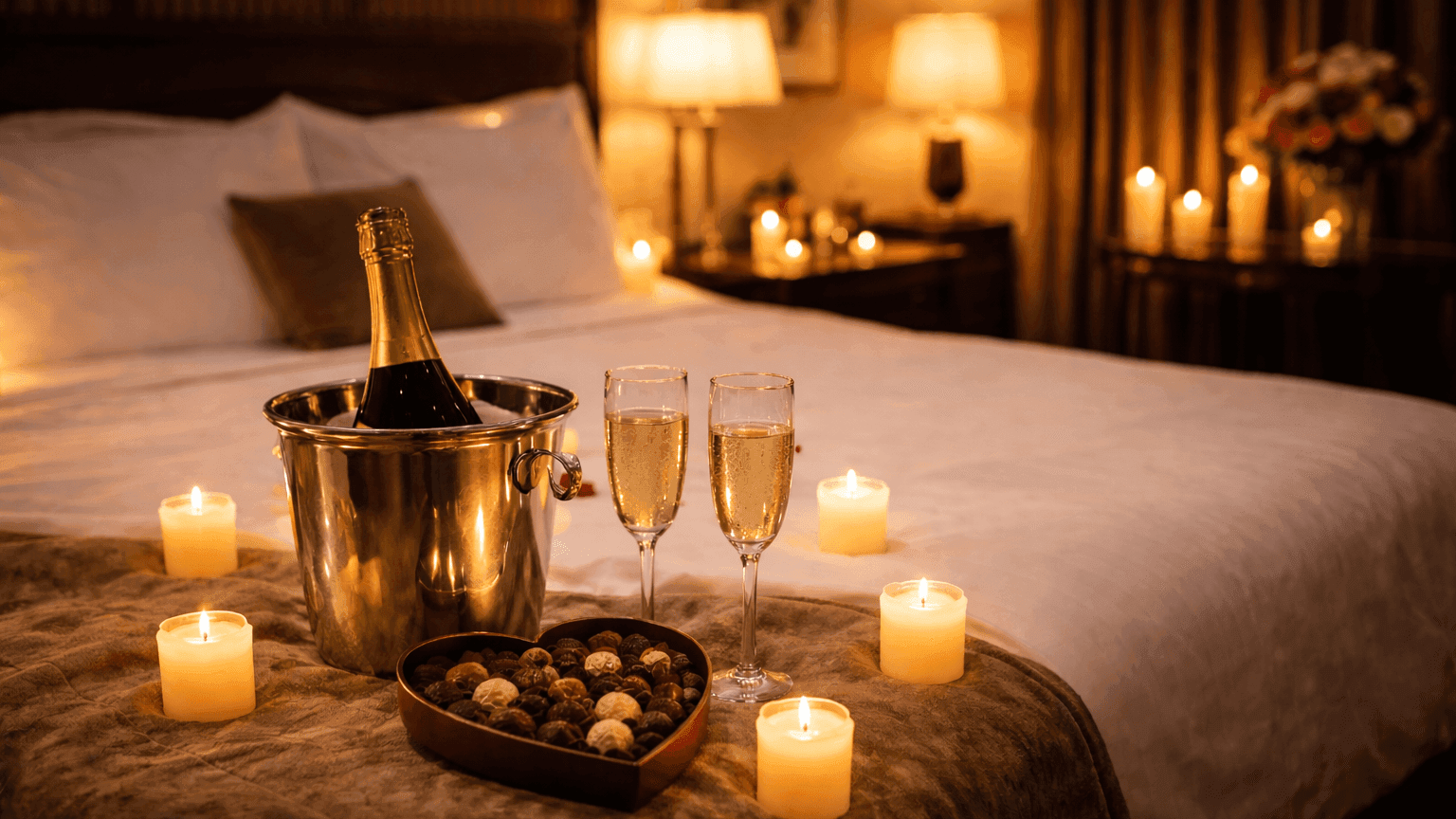 Image featuring candlelit decorated room, chocolates, and sparkling wine