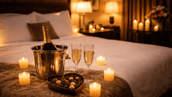 Image featuring candlelit decorated room, chocolates, and sparkling wine