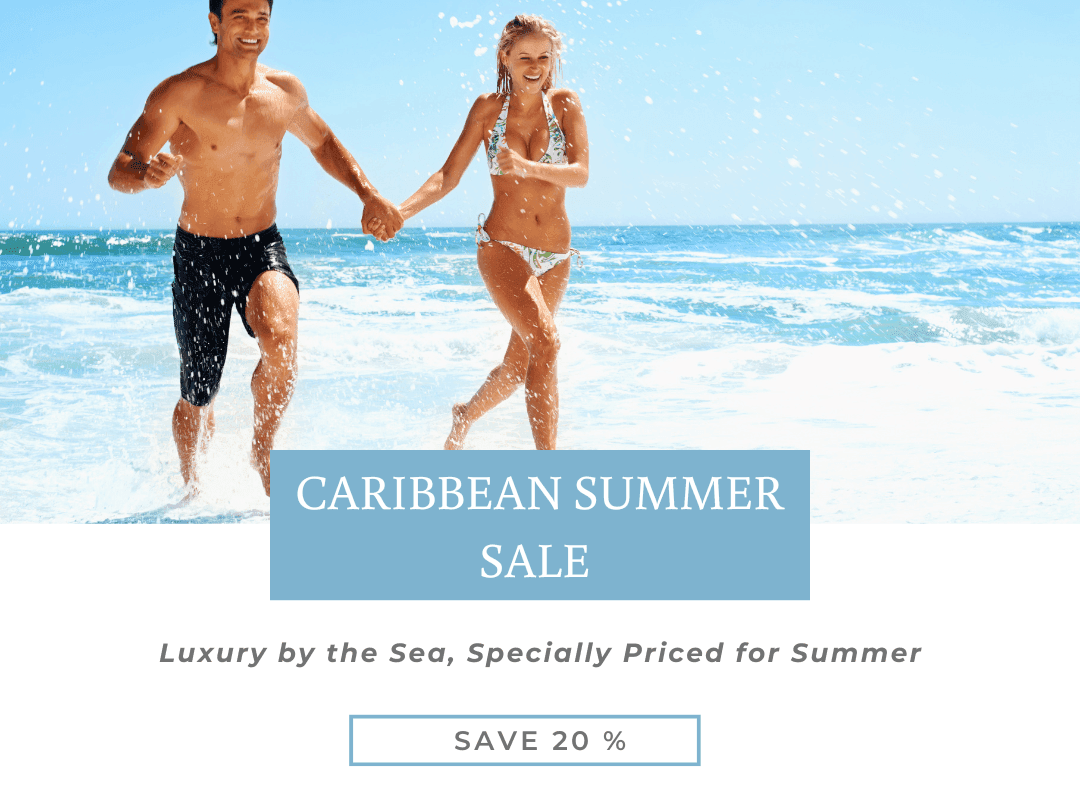 Happy couple running hand in hand through shallow ocean waves under a clear blue sky for Caribbean Summer Sale.