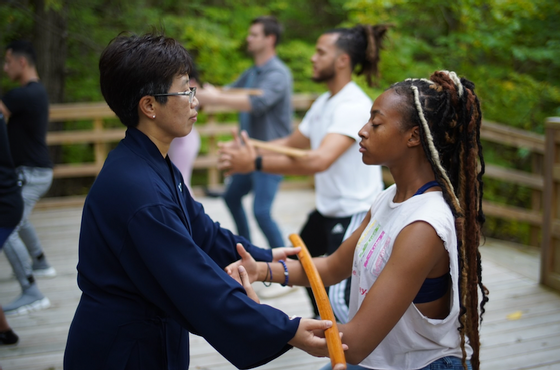 People engaged in Healing Qigong in a park near Honor's Haven Retreat