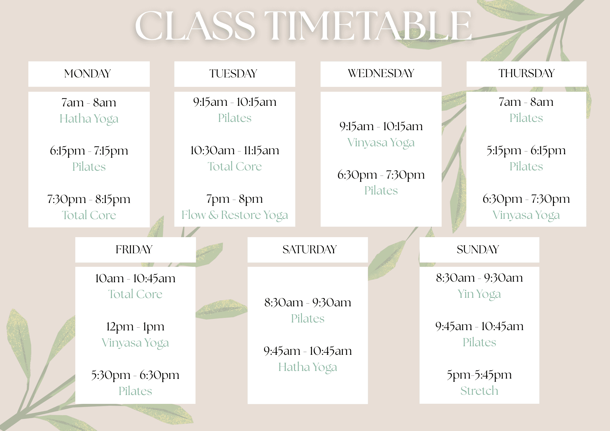 Canopy Yoga 2026 Class Timetable