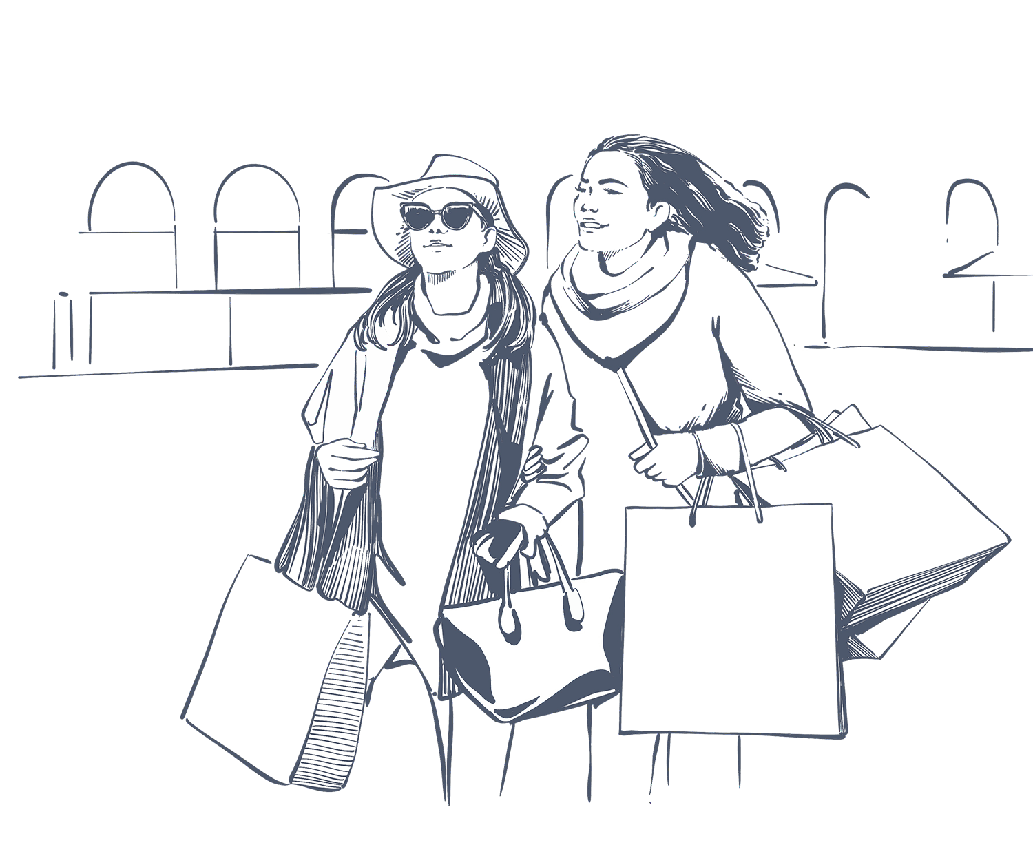 Sketch of guests with shopping bags arriving at the entrance of Hotel Barsey by Warwick