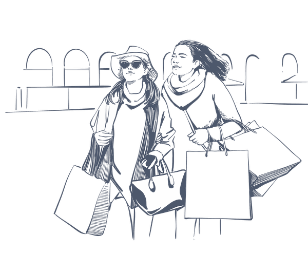 Sketch of guests with shopping bags arriving at the entrance of Hotel Barsey by Warwick
