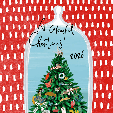 Festive Christmas tree adorned with tropical decorations and candy canes framed by an archway on red patterned background.