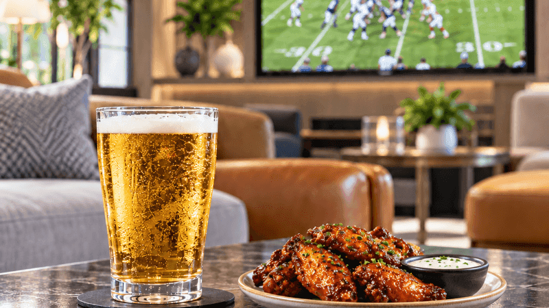 Beer and chicken wings on table with college football game on TV in modern lounge setting