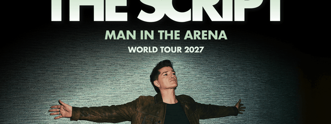 The Script Man in the Arena Tour 2027 poster featuring a man with open arms.