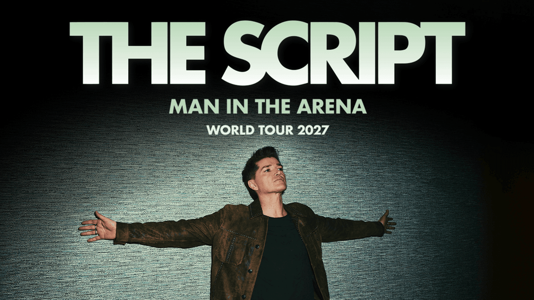 A man standing with arms open and text The Script Man In The Arena Tour 2027.