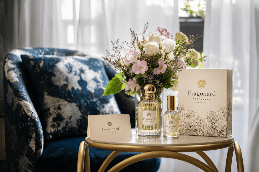 Fragonard perfume bottles and gift box displayed on a gold side table with fresh flowers at Hotel Westminster Warwick Paris