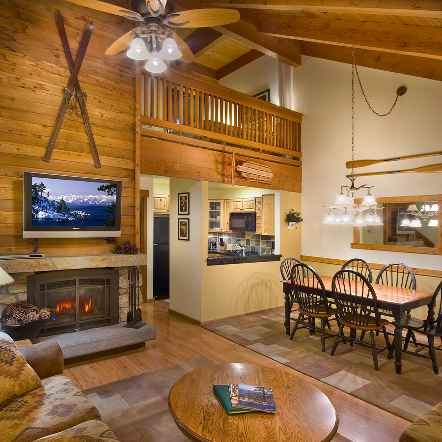 Living area with a fireplace in a lodge at Granlibakken Tahoe