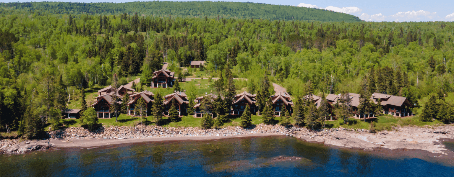 Distant exterior view of Temperance Landing at Bluefin Bay