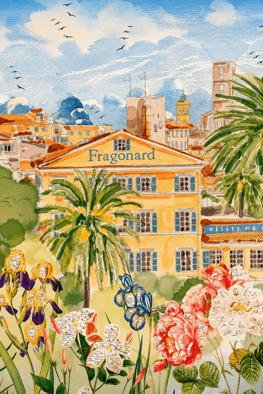 Watercolor illustration of Fragonard perfumery building with palm trees and flowers in French Riviera setting