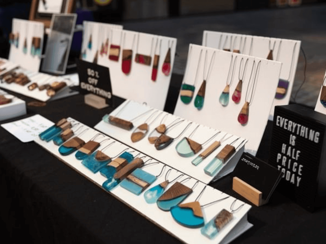 Necklaces on display at market stall at Brady Hardware Lane