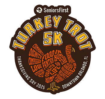 The logo for the Seniors First Turkey Trot 5k in 2025, featuring a large turkey/