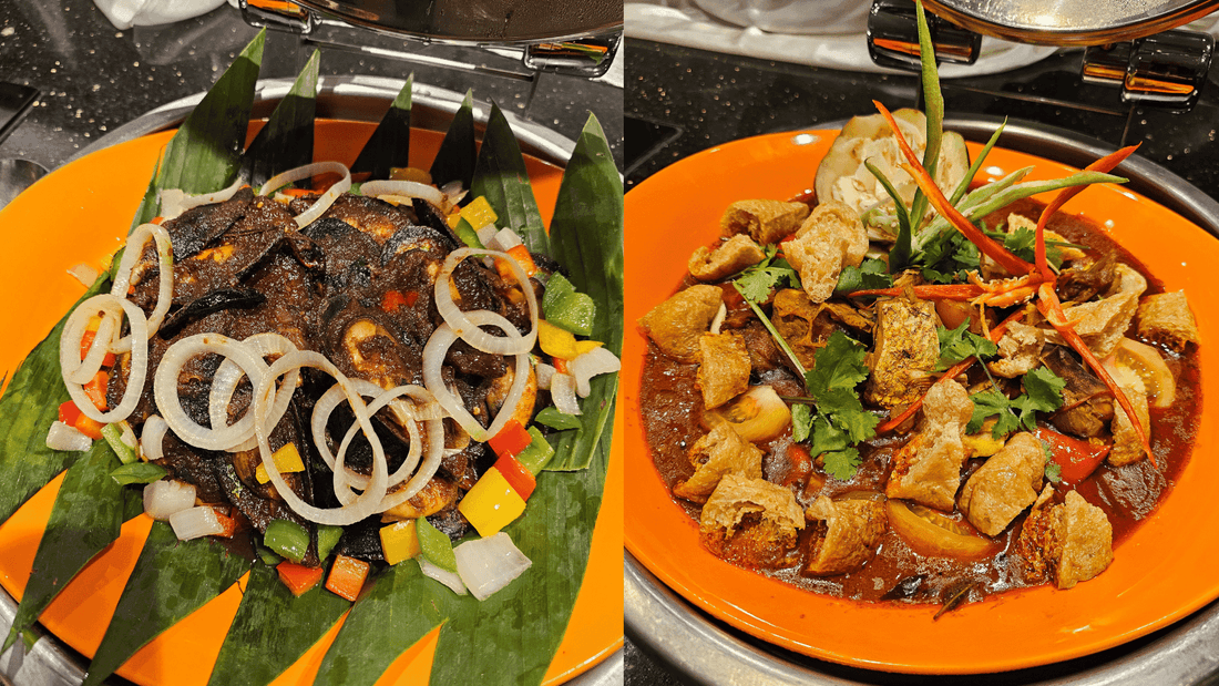 Two plates of Asian cuisine with veggies, meats, and garnishes served at Sunway Putra Hotel