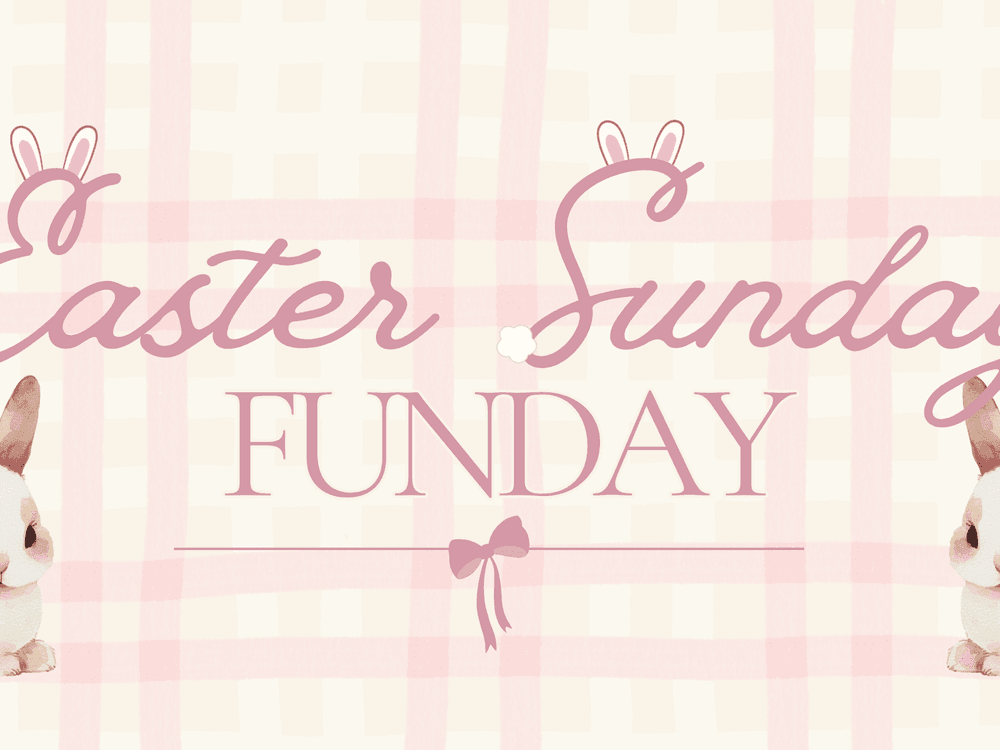Easter Sunday Funday with bunnies and eggs on a pink plaid background.