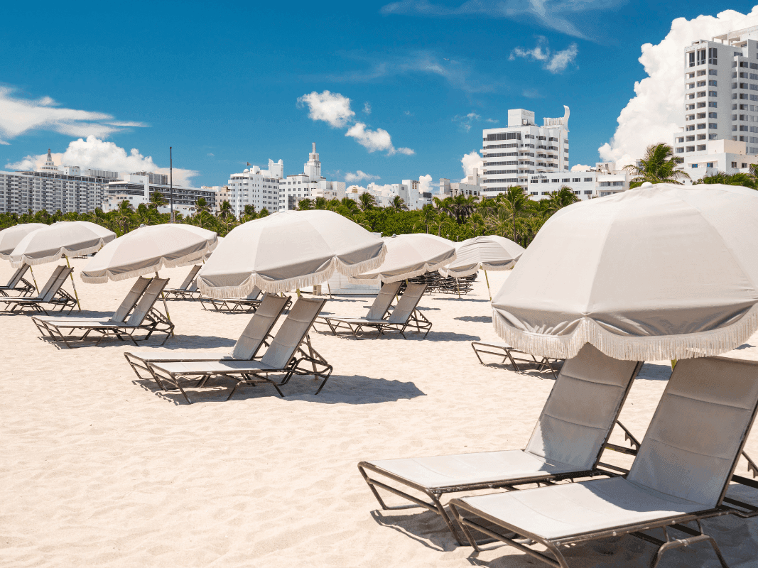 Sun beds with umbrellas in the Plymouth South Beach