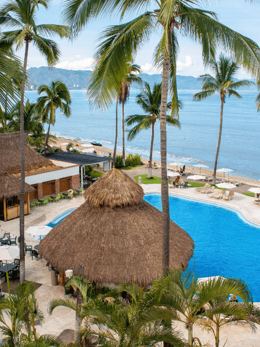 High-angle view of the beach & pool area with palm trees at Plaza Pelicanos Club Beach Resort