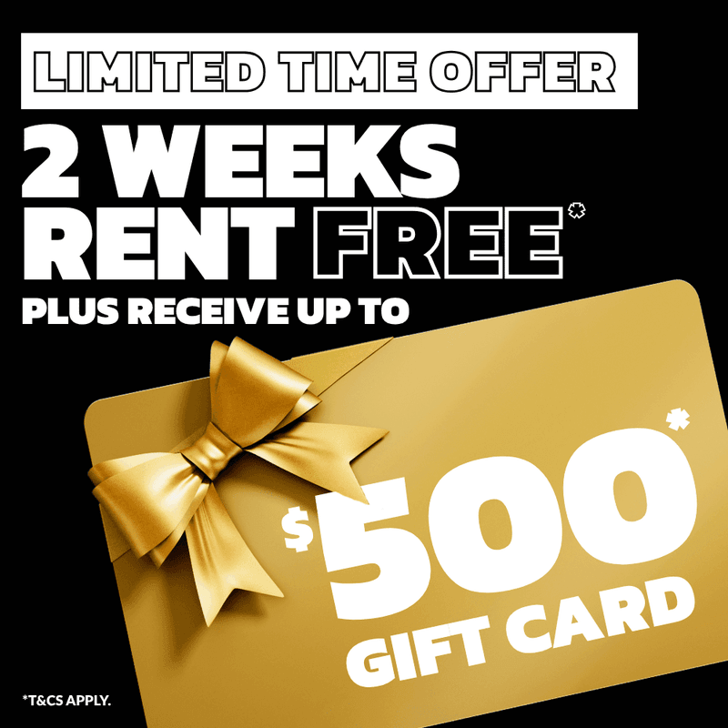 Promotional graphic featuring two weeks rent free and up to a five hundred dollar gift card offer for UniLodge Park Central
