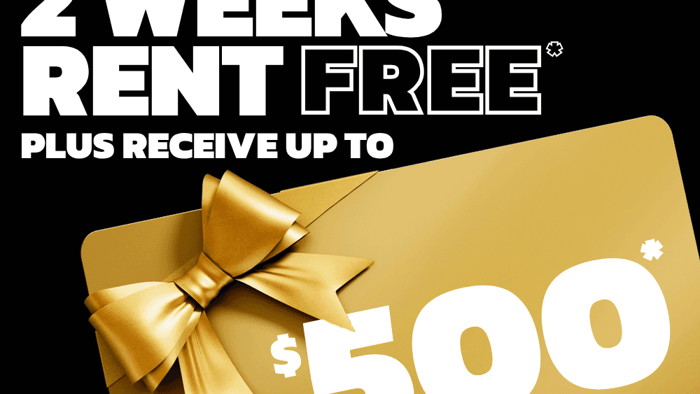 Promotional graphic featuring two weeks rent free and up to a five hundred dollar gift card offer for UniLodge Park Central