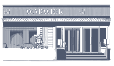 Illustration featuring glass doors by a potted tree under a large Warwick sign at Warwick Paris Champs Elysées