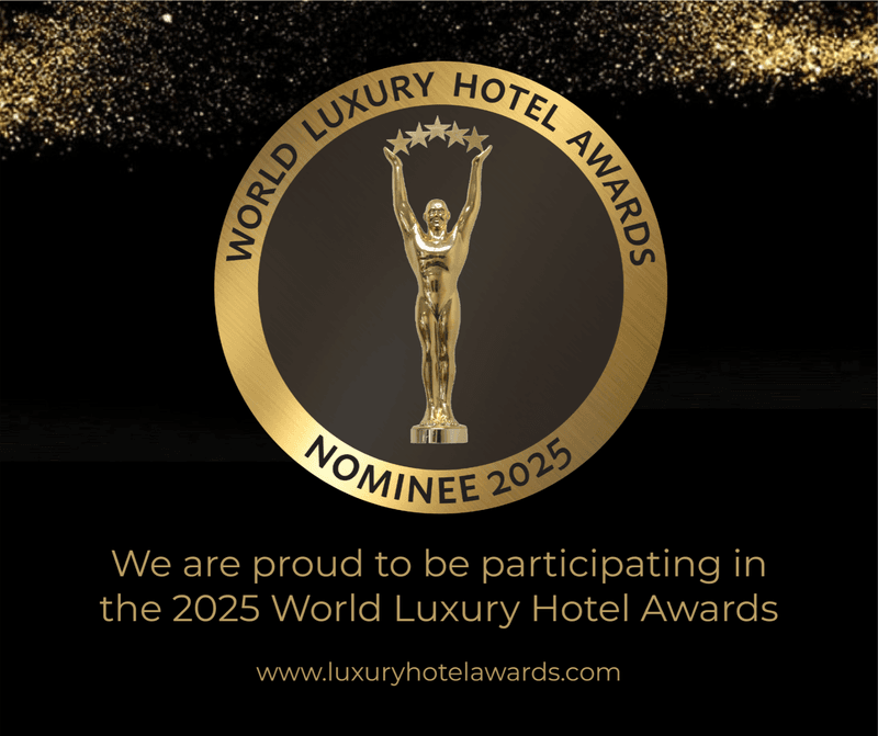 World Luxury Hotel Awards 2025 nominee golden medal with trophy figure and participation certificate text