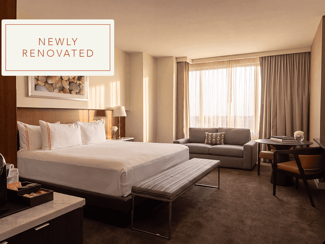 Newly renovated Gran Luxe King room with king bed, seating area, and modern furnishings at Hotel Arista in Naperville