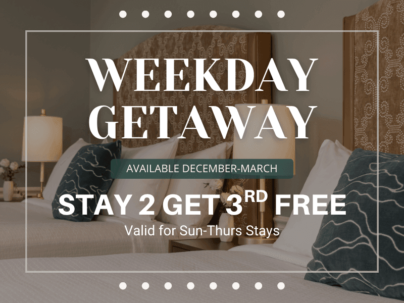 color photo of hotel room with two beds and decorative pillows