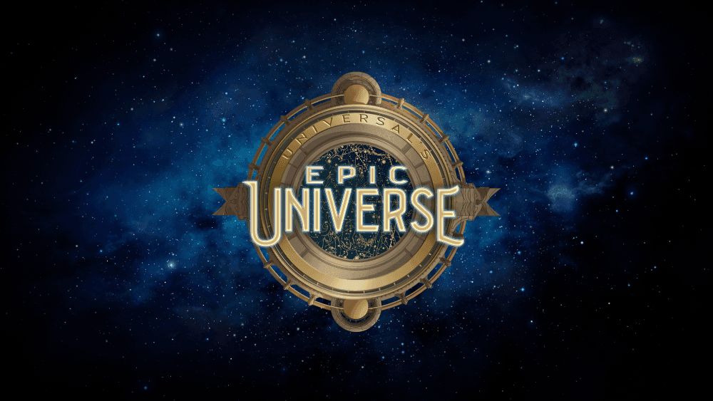 The Epic Universe logo, a gold emblem against a dark, starry background. 