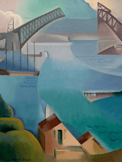 Painting of a bridge over a body of water with abstract geometric shapes and houses.