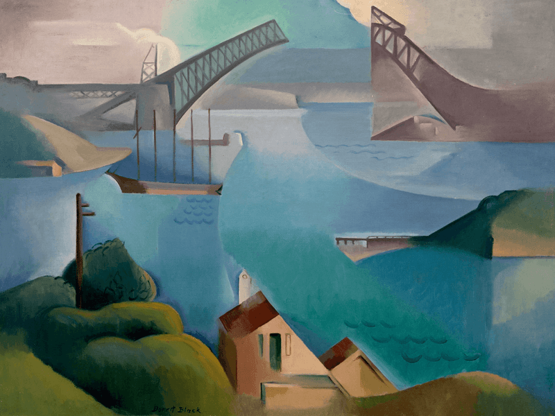 Painting of a bridge over a body of water with abstract geometric shapes and houses.