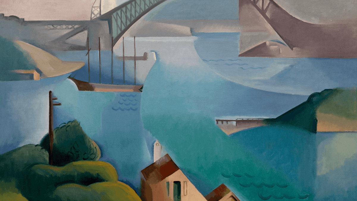 Painting of a bridge over a body of water with abstract geometric shapes and houses.