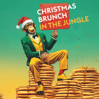 Affe in Anzug und Weihnachtsmütze auf Pfannkuchen, hält ein Schild mit "Christmas Brunch in the Jungle".