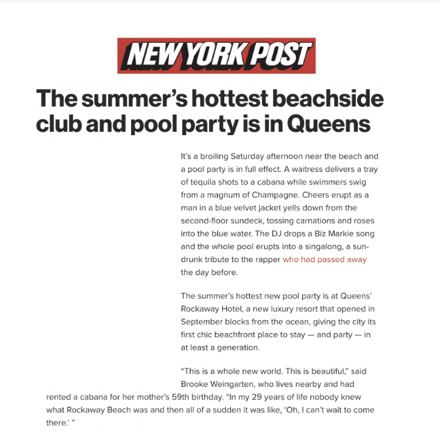 An article praising The Rockaway Hotel for summer in New York