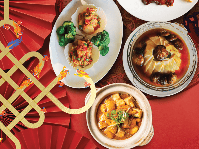 A delicious spread of Chinese cuisine on a vibrant red backdrop. Get ready to indulge in a flavorful feast!