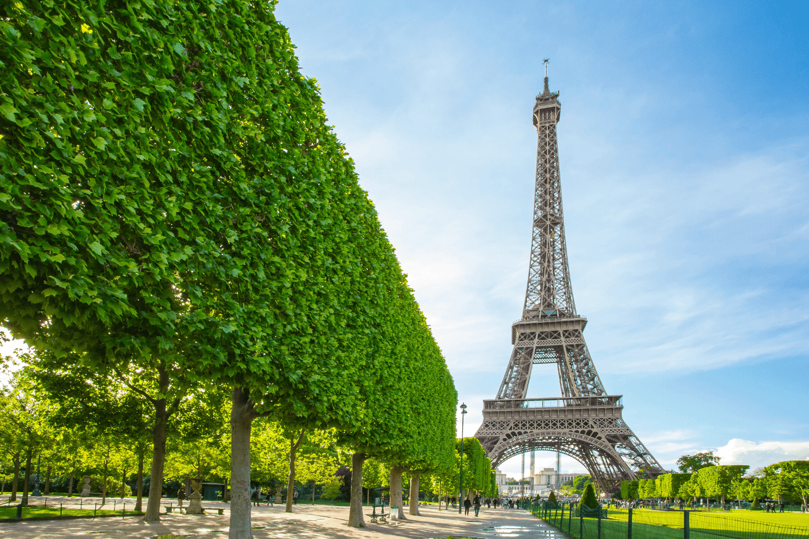 Iconic Eiffel Tower rising behind a lush, neatly trimmed green park with tree-lined paths near Hotel Westminster Paris